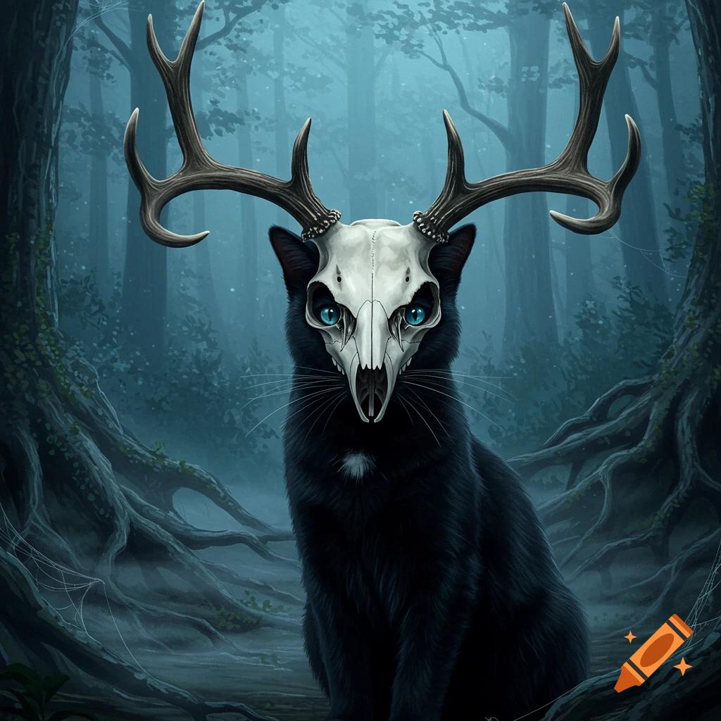 Black cat wearing an elk skull mask with large antlers in a misty, dark forest. Fantasy art.