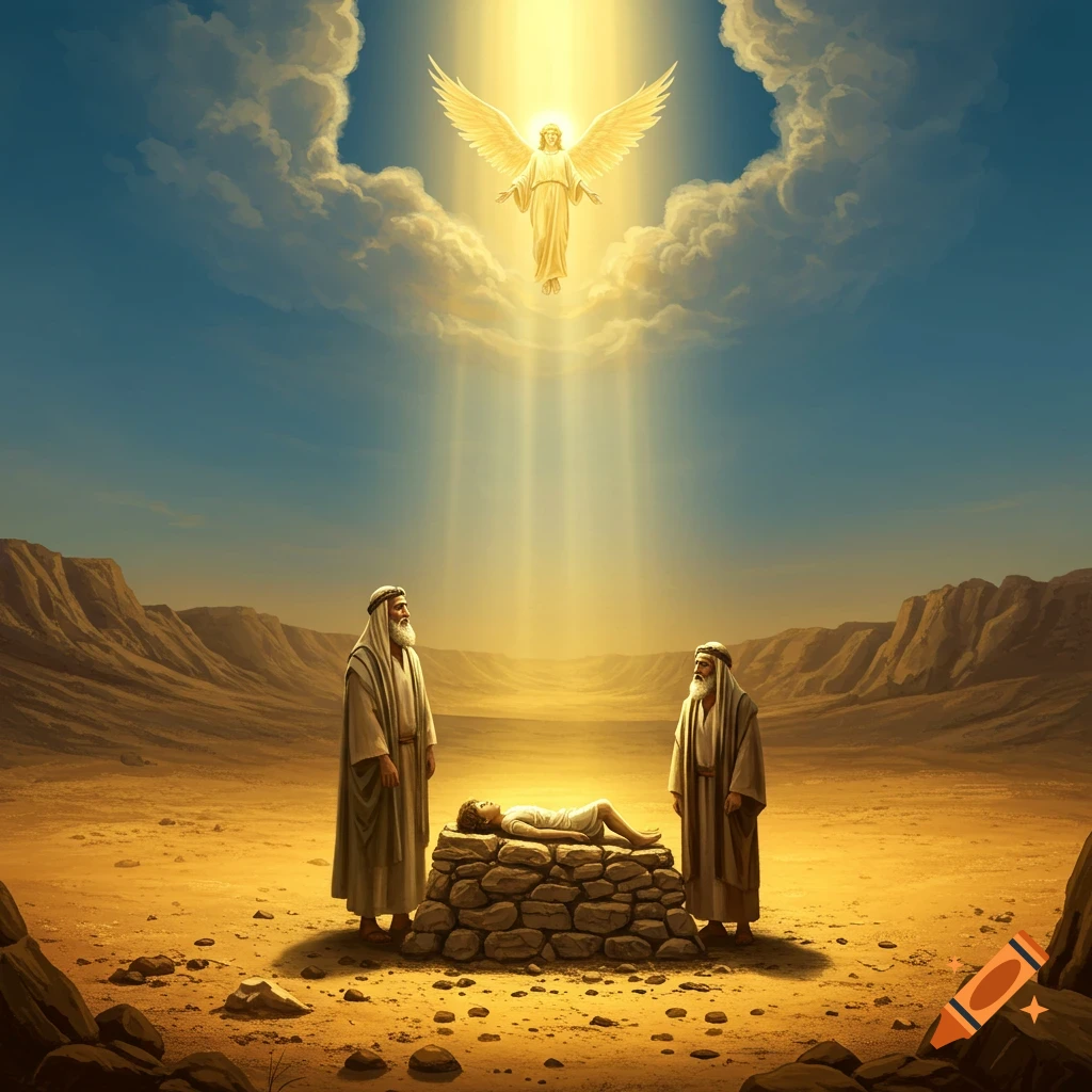 Two robed men and a boy on a stone altar in a vast desert landscape, with a golden angel in the sky shining light down.