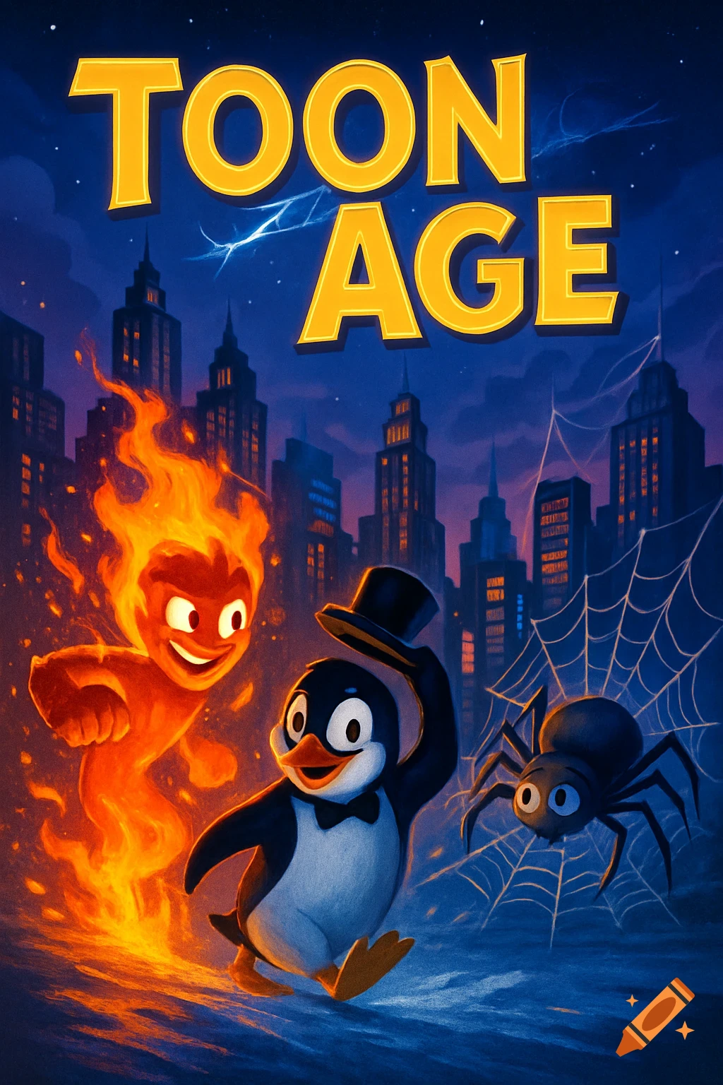 A movie poster titled 'TOON AGE' featuring a smiling fire spirit, a penguin in a top hat, and a spider against a dark city skyline.