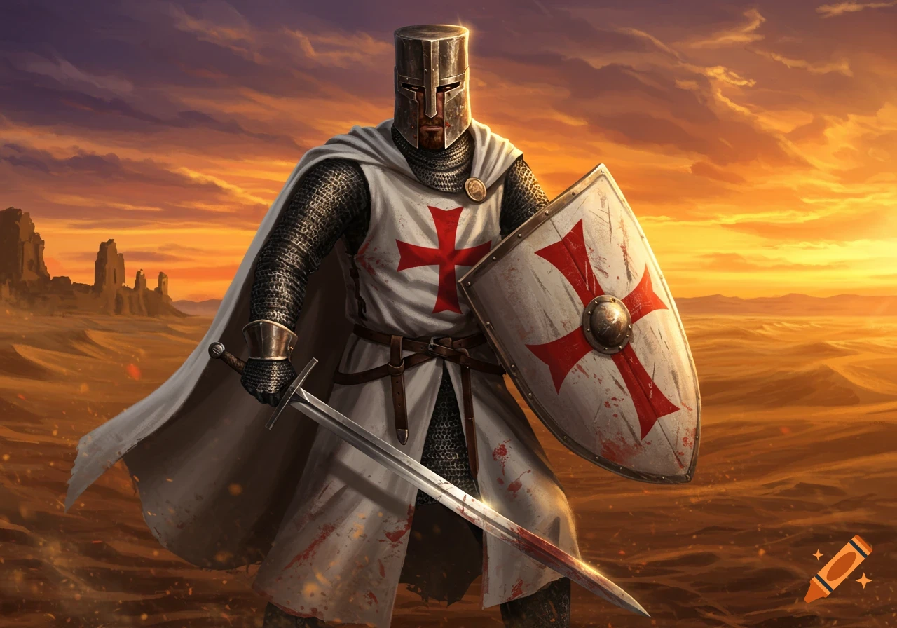 A crusader knight in full armor, holding a blood-stained sword and a shield with a red cross, stands in a desert sunset landscape.