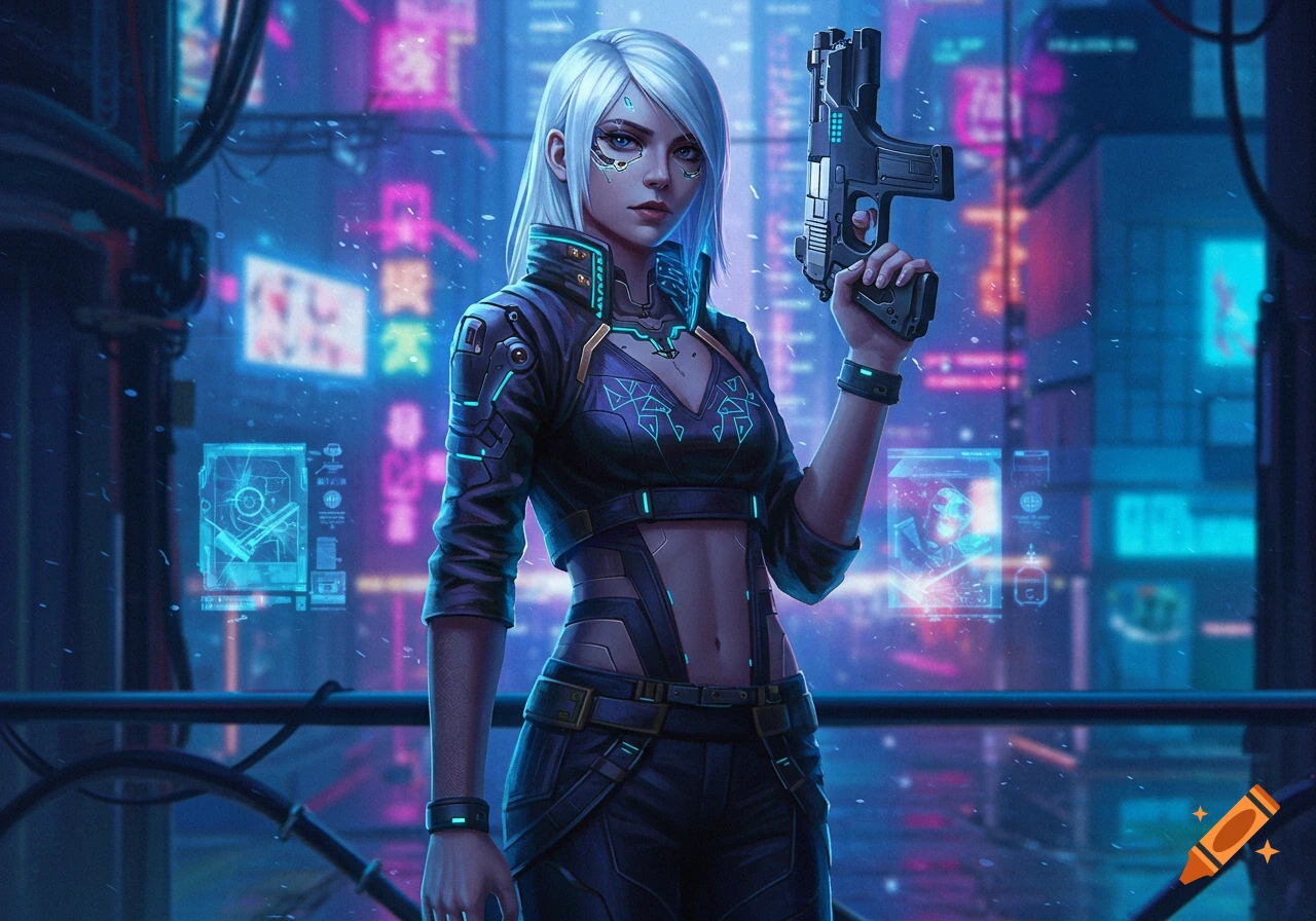 White-haired woman in cyberpunk attire holding a gun in a neon-lit city.