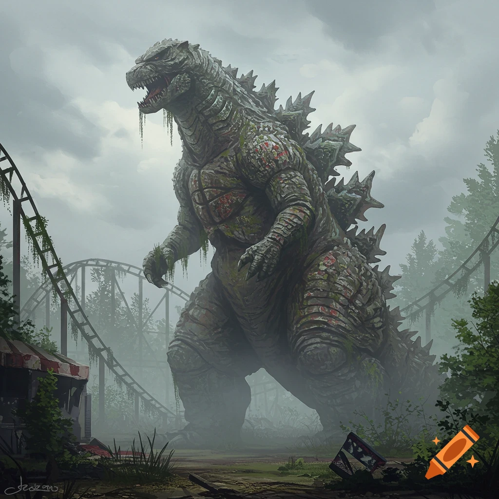 A colossal, moss-covered Godzilla-like monster looms over an overgrown, foggy abandoned amusement park.
