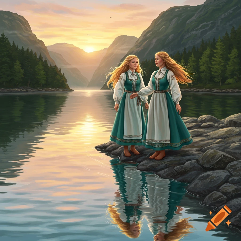 Two young women in traditional dresses stand by a tranquil mountain lake at sunset, their reflections visible in the water.