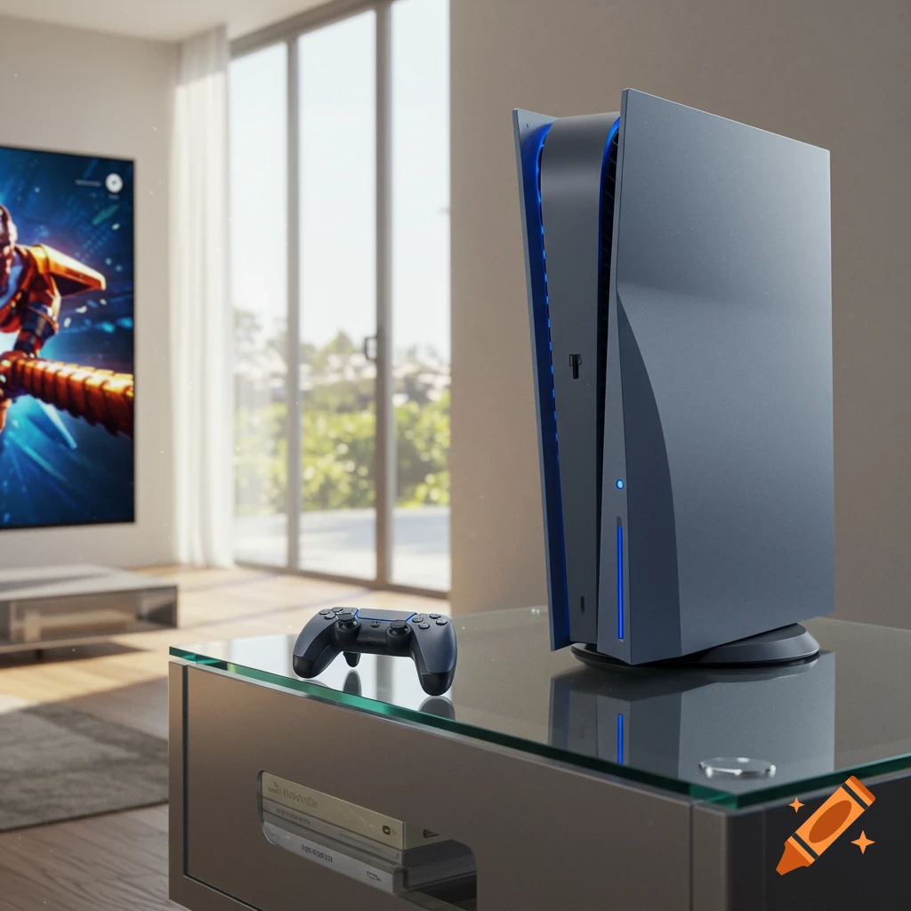 A futuristic dark gray video game console and controller on a glass table in a modern living room with a large screen displaying a game.