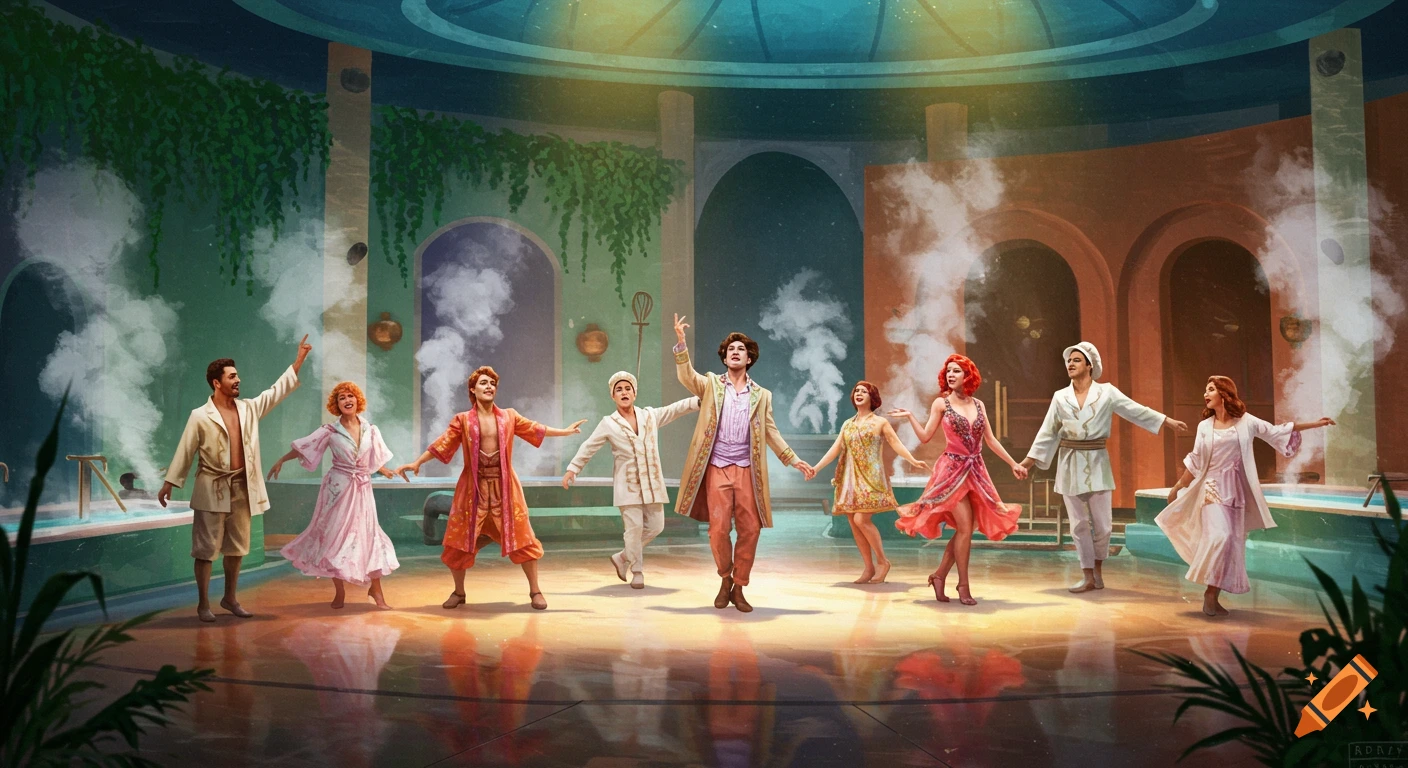 A theatrical group in colorful costumes performs in a grand, steamy indoor spa with pools and classical architecture, lit by ethereal light.