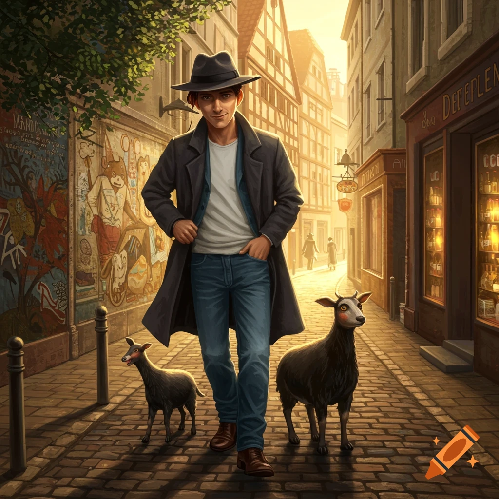 A man in a trench coat and fedora walks down a cobblestone street with two goats by his side, bathed in warm golden light.