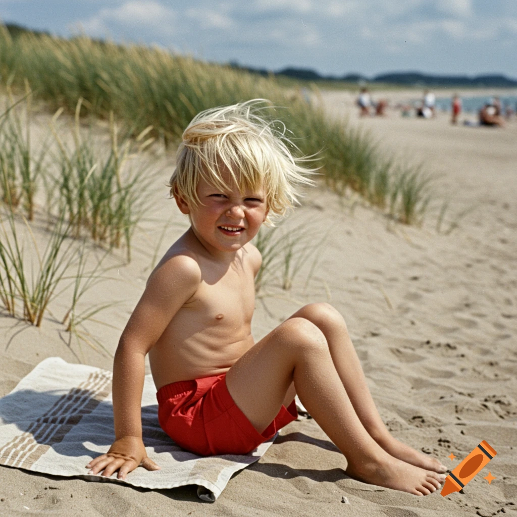 A smiling blonde boy in red shorts sits on a towel on a sandy beach with tall grass and people in the background.