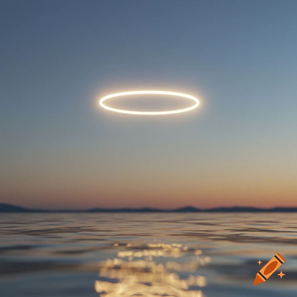 A bright glowing golden halo hovers above tranquil water reflecting a sunset sky with distant mountains.