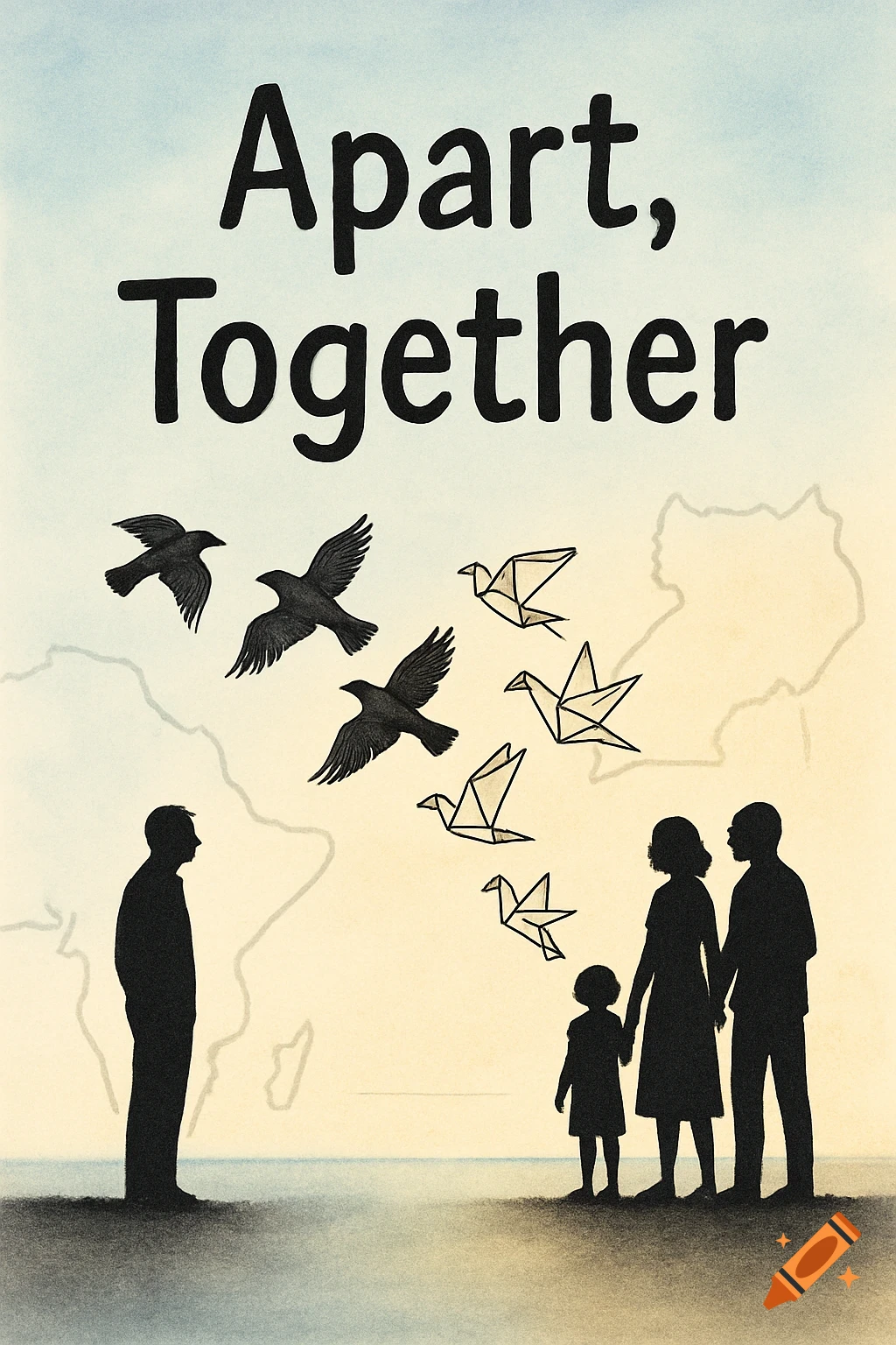 A symbolic illustration titled "Apart, Together" with a lone man, a family, and birds transforming from realistic to origami, against map outlines.
