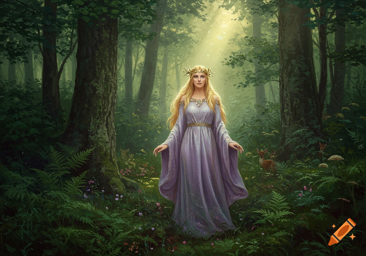 A blonde woman wearing a crown and a purple dress stands in a mystical forest with deer, in an oil painting style.
