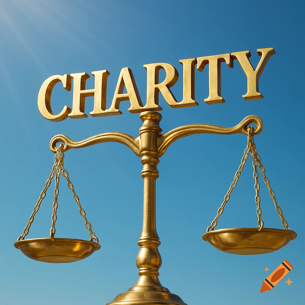 The word CHARITY in gold letters balances on a golden weighing scale against a clear blue sky.