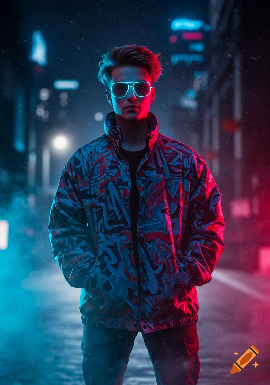 A young man in a neon-lit urban street, wearing glowing sunglasses and a patterned jacket, hands in pockets.