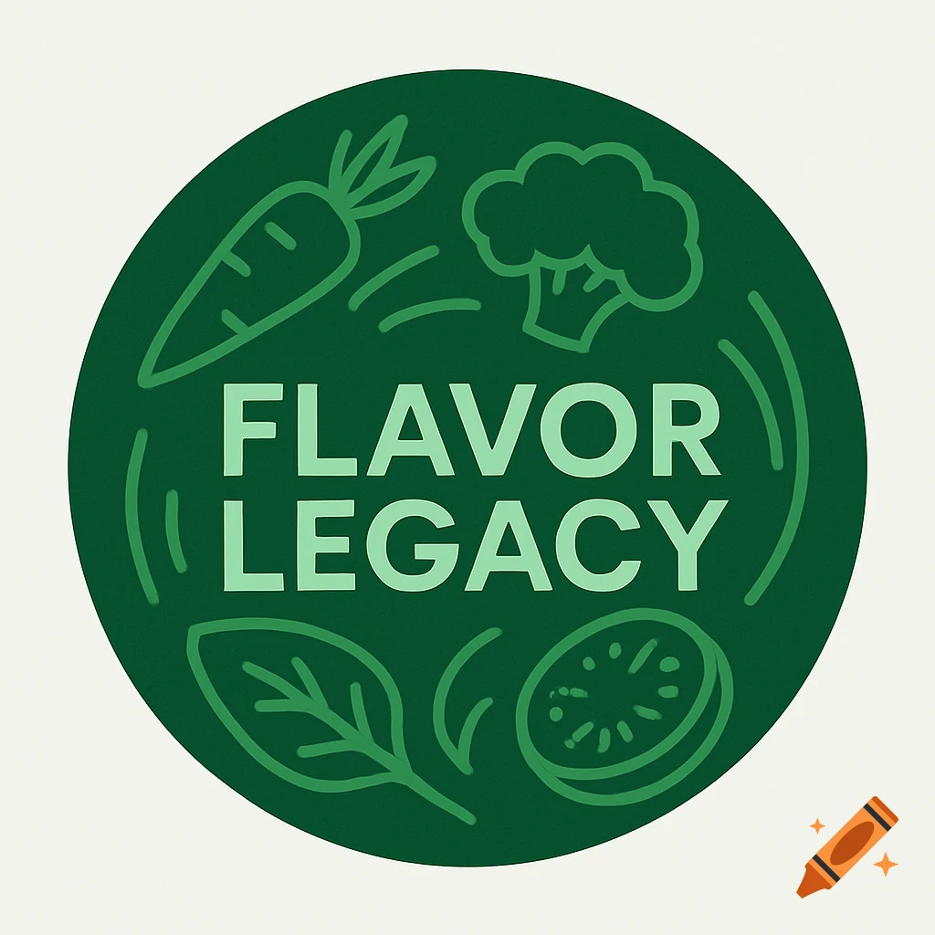 A dark green circular logo with "FLAVOR LEGACY" in light green text, surrounded by green line art of a carrot, broccoli, spinach, and a kiwi slice.