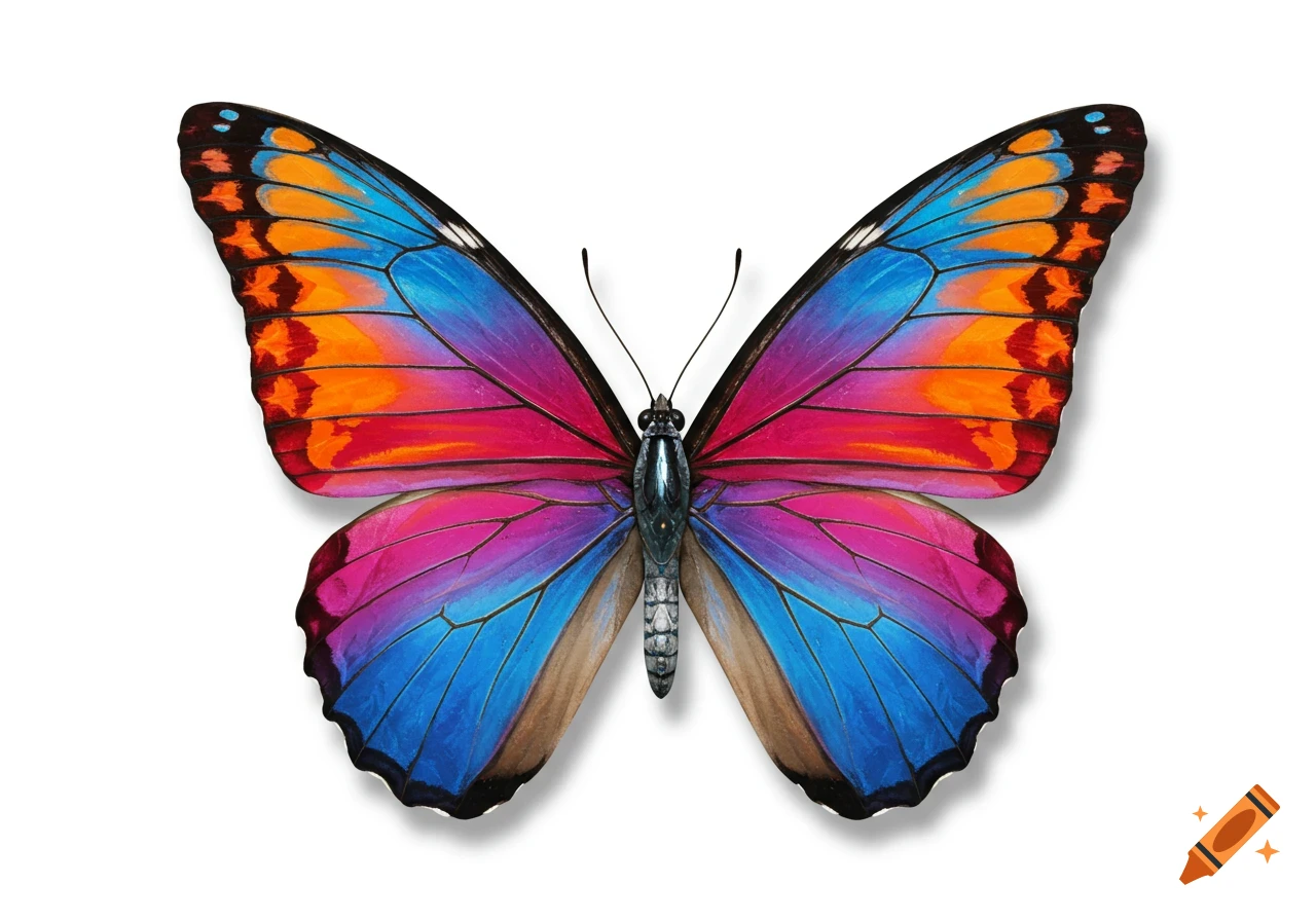 A vibrant, colorful butterfly with iridescent wings, isolated on a white background.