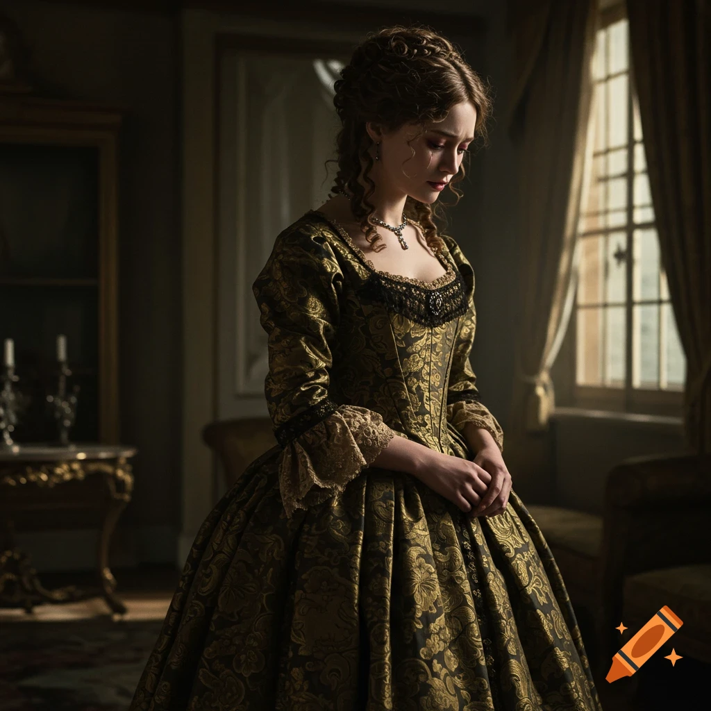 A melancholic woman in a luxurious gold and black 19th-century dress stands in a dimly lit room, looking down, in a realistic style.