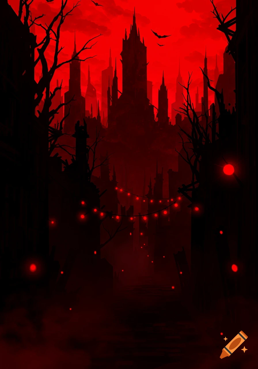 A dark, gothic city silhouette against a blood-red sky with bare trees, flying bats, and glowing red orbs.