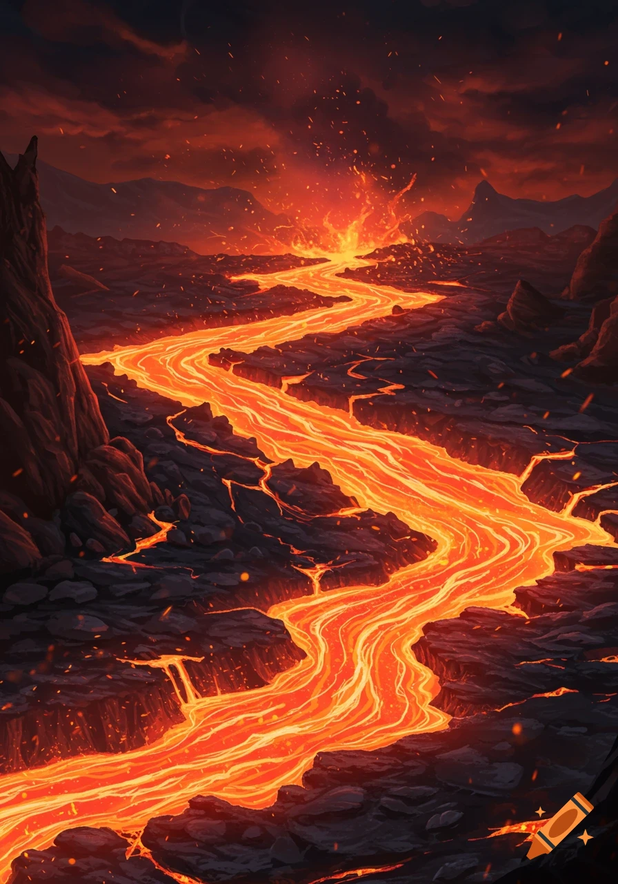 A vibrant river of glowing orange lava flows through a dark, cracked volcanic landscape under a fiery red sky, with an eruption in the distance.