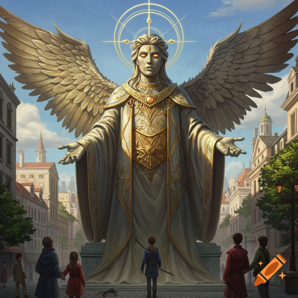 A colossal winged angel statue with glowing eyes stands majestically over a city street, observed by tiny figures below.