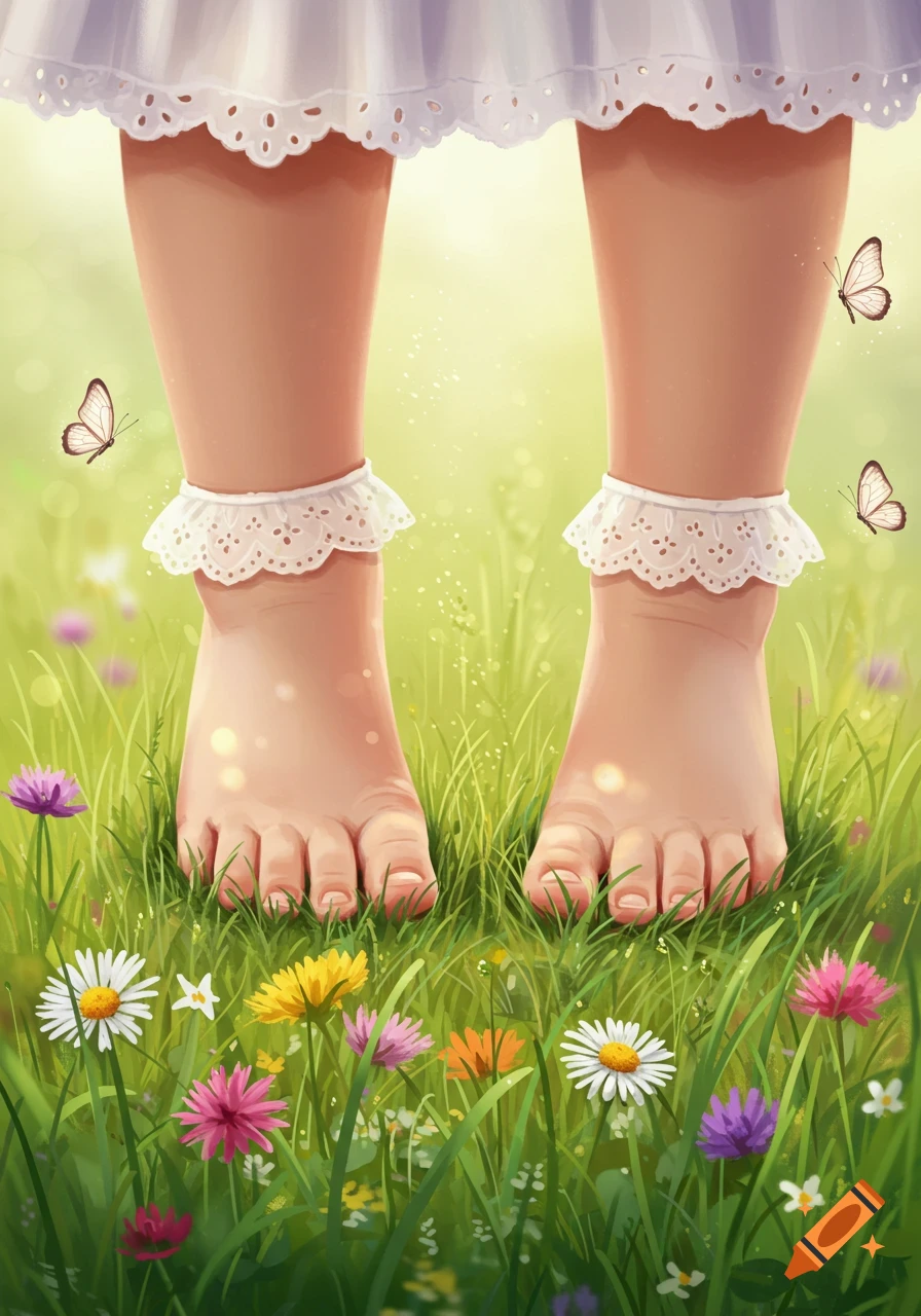 Bare feet with white lace anklets in a vibrant green field with colorful wildflowers and butterflies, illustration.