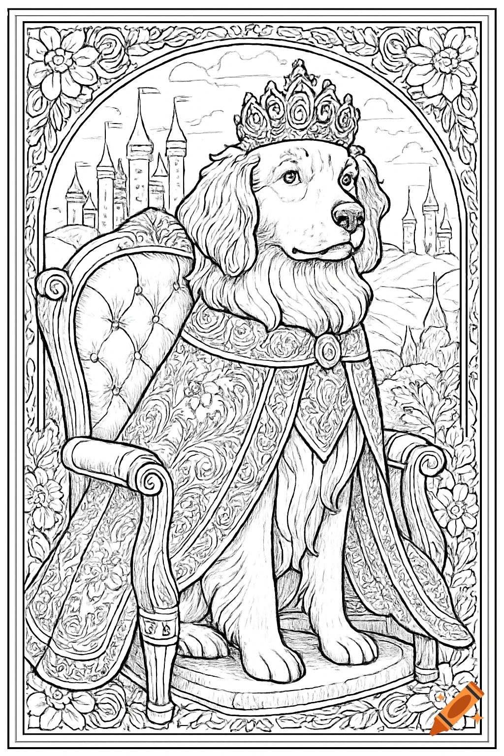 Black and white coloring page of a golden retriever dog wearing a crown and royal cape, sitting on an ornate chair with castles in the background.
