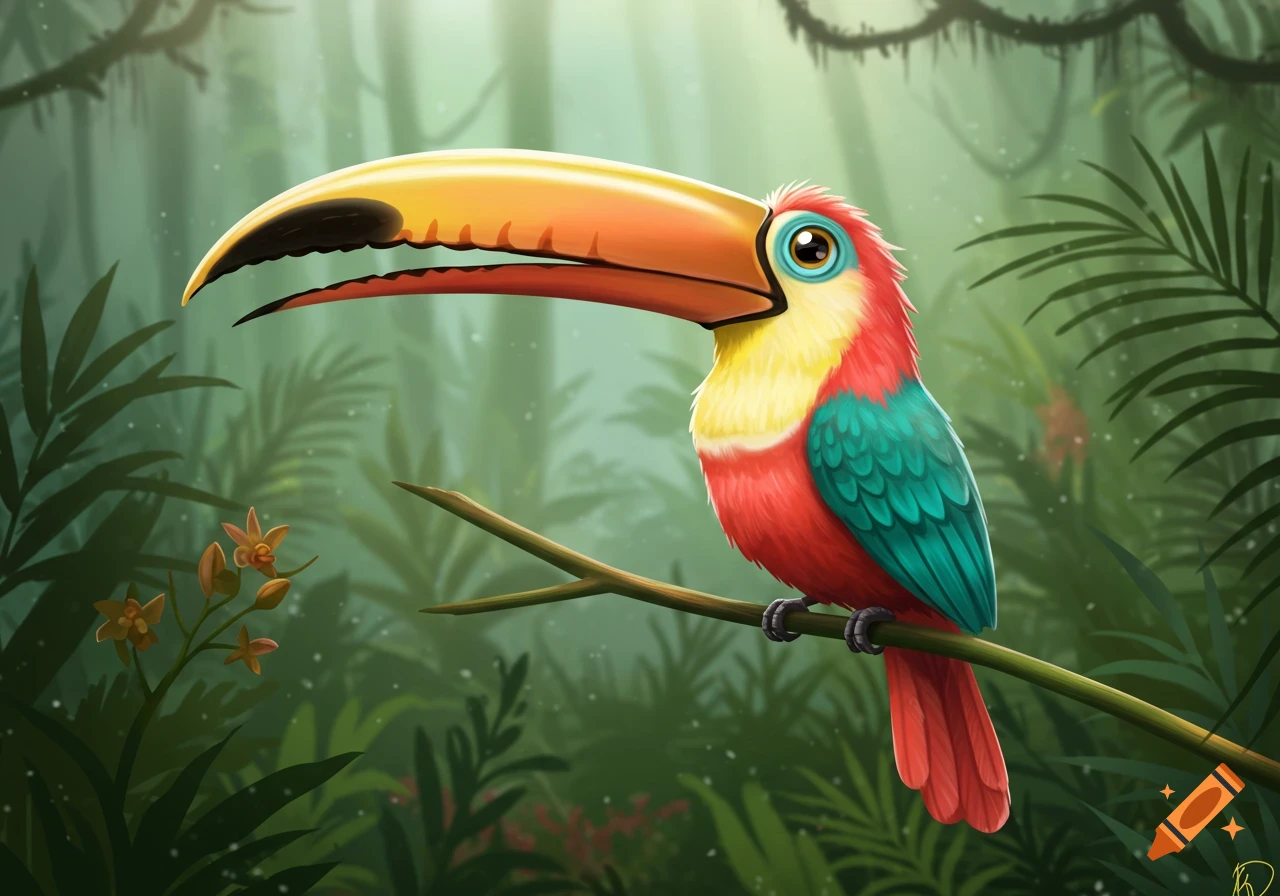 A vibrant, cartoonish toucan with a large yellow-orange beak perches on a branch in a lush green jungle.