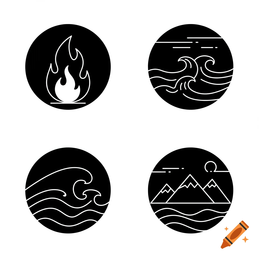 Four circular black and white line-art icons representing fire, waves, a single wave, and mountains with water and a sun.