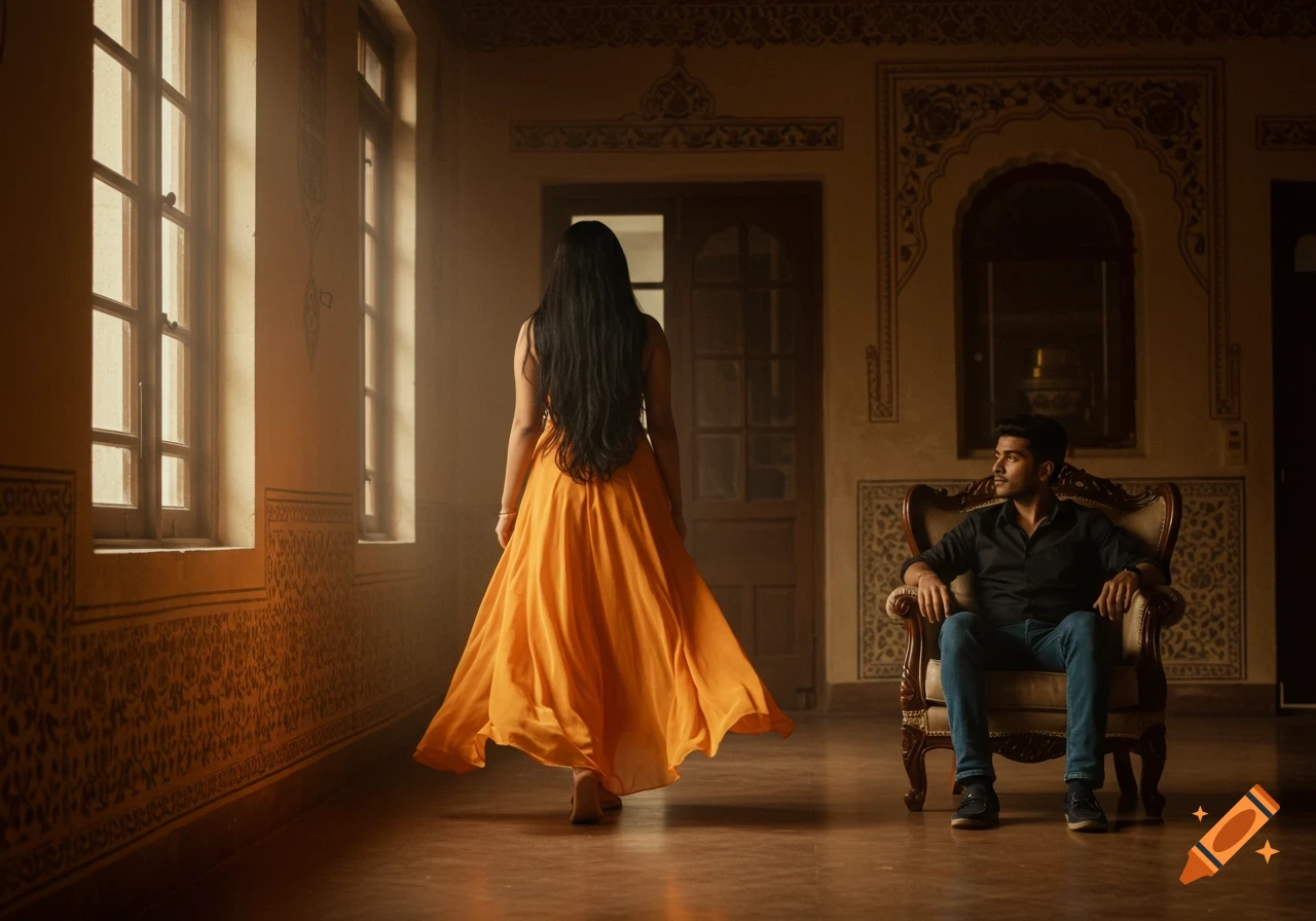 A woman in a flowing orange dress walks through an ornate hall, a man sits in a carved chair.