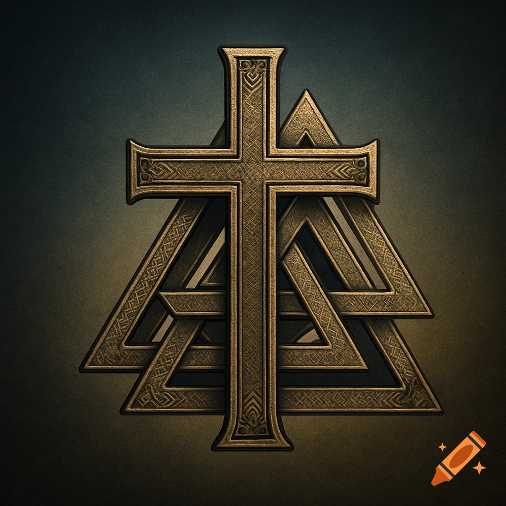Bronze-gold metallic cross intertwined with two triangular Norse symbols against a dark gradient background.