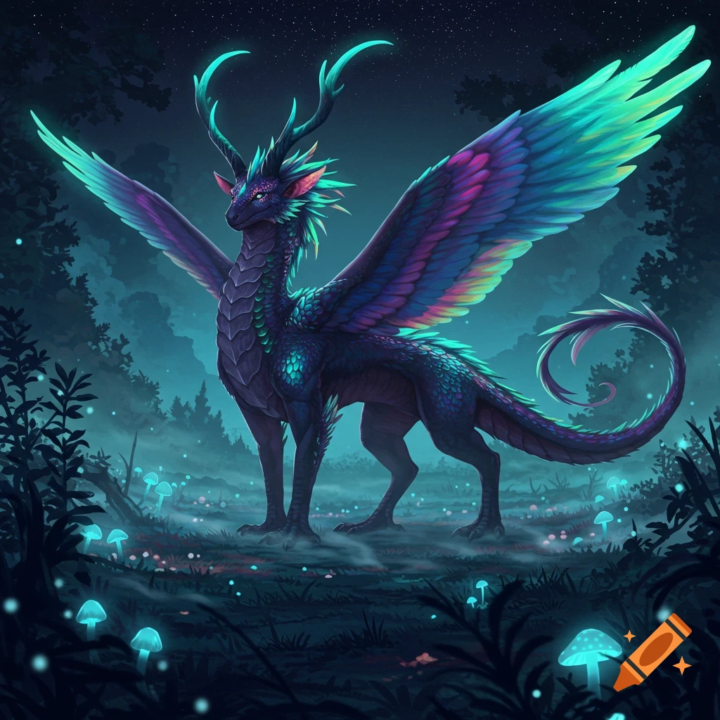 A majestic, iridescent winged dragon with antlers stands in a dark, glowing fantasy forest with luminous mushrooms under a starry sky.