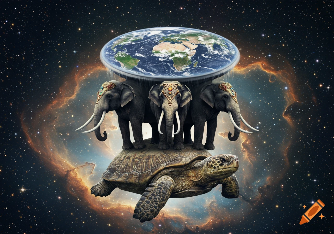 Flat Earth resting on three elephants, which stand on a giant turtle, floating in a starry nebula-filled cosmic void.