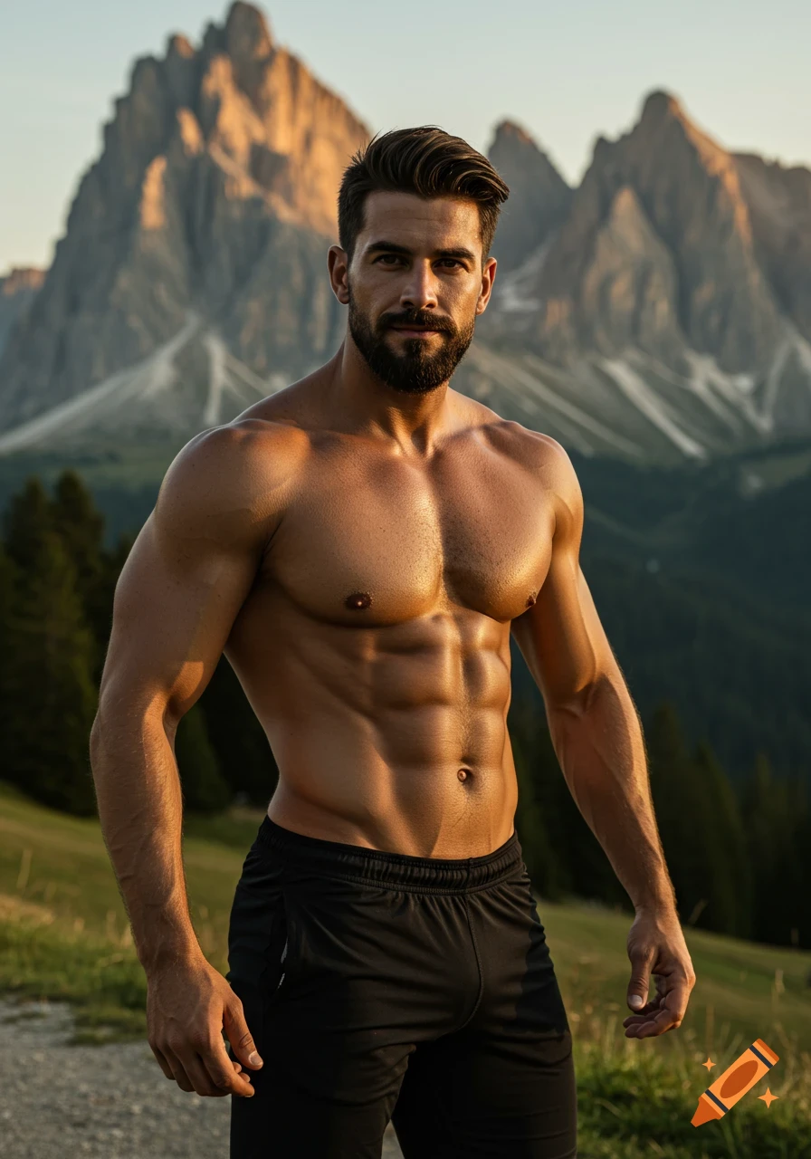 A muscular man with a beard and defined abs poses shirtless in black shorts, with alpine mountains in the background.