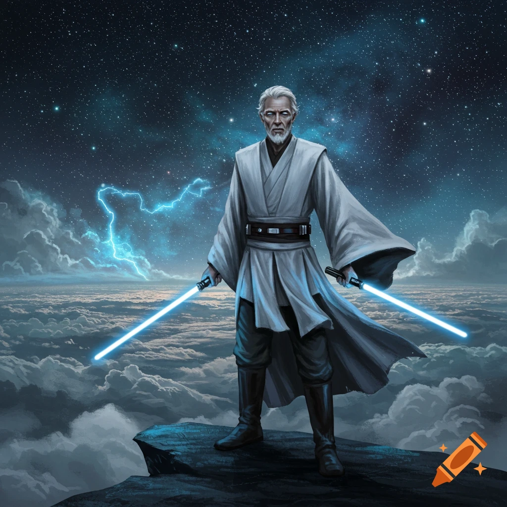 A grey-haired Jedi Master stands on a cliff above clouds, holding two blue lightsabers under a starry, stormy sky.
