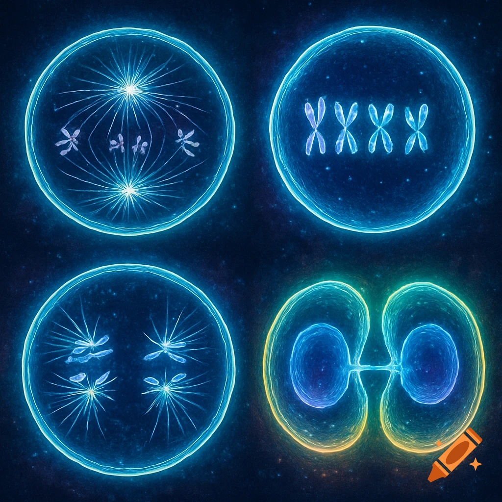Four glowing blue and yellow cells depict stages of mitosis, showing prophase, metaphase with X-shaped chromosomes, anaphase, and cytokinesis on a dark background.