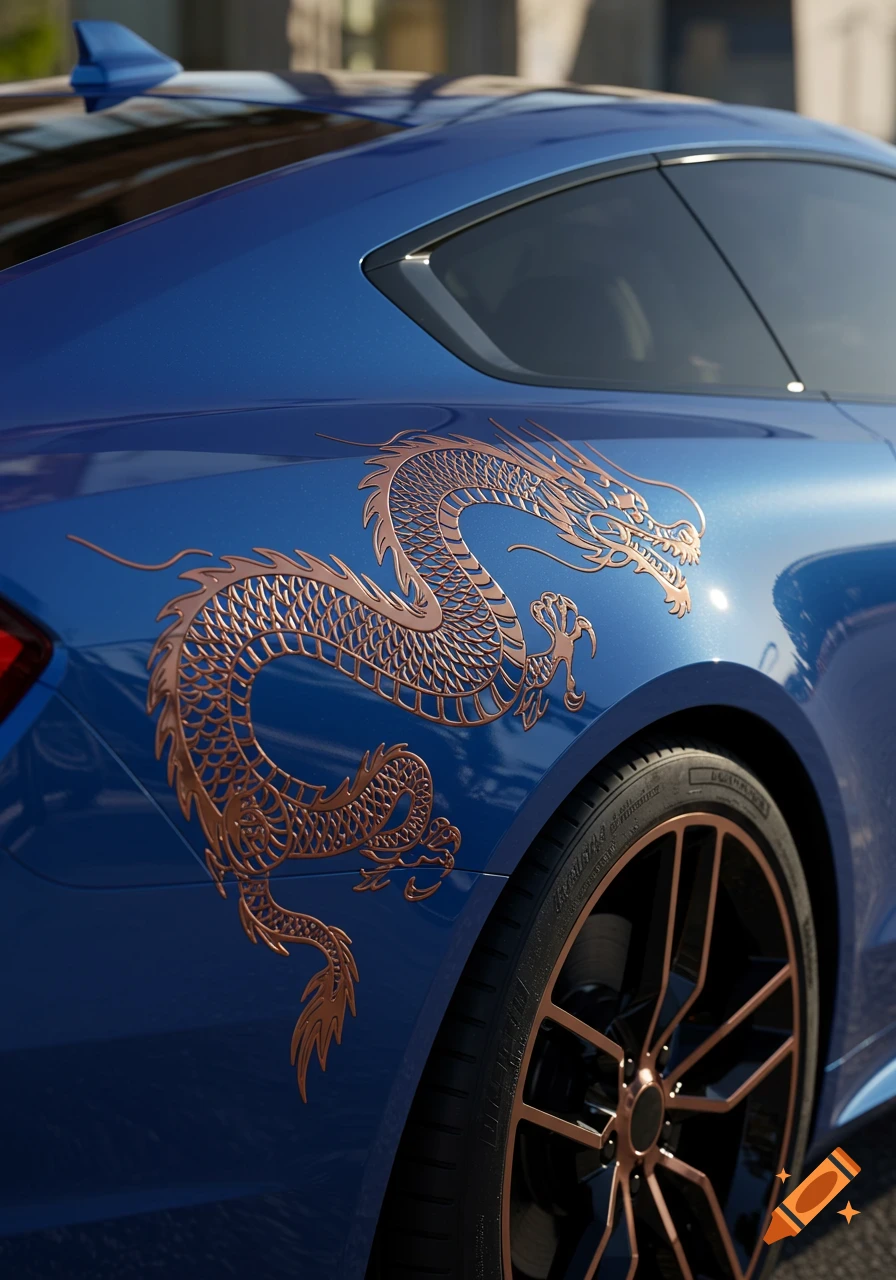 A close-up, photorealistic shot of a blue car with a detailed copper dragon pinstripe decal on its side.