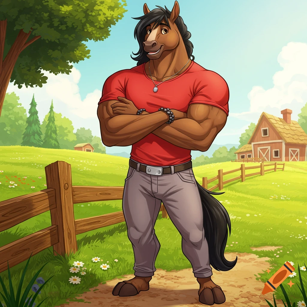 Muscular anthropomorphic brown stallion with a red t-shirt and gray pants, arms crossed, smiling on a farm path. Disney-style animation.