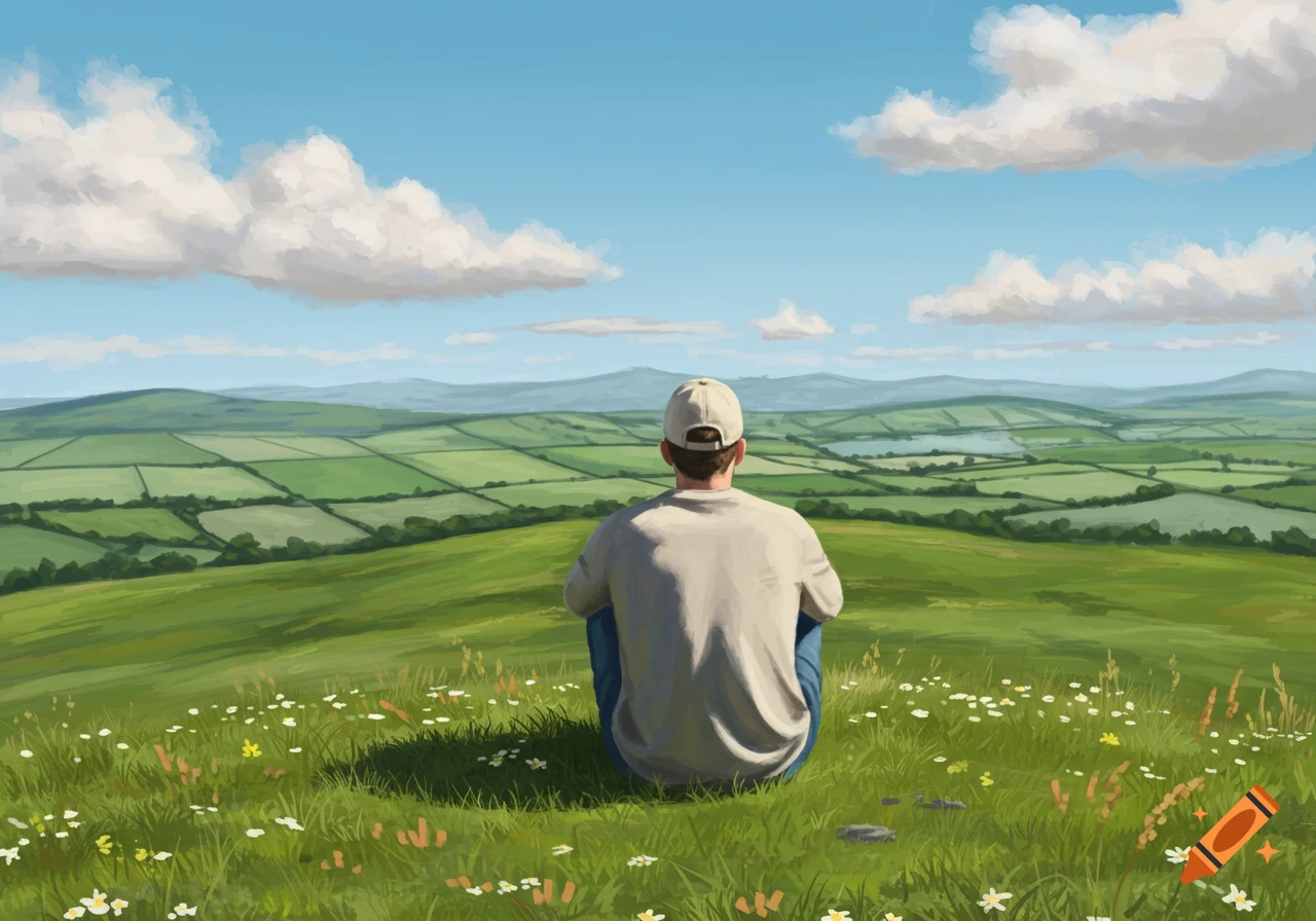 Painterly image of a person sitting on a green hill with wildflowers, overlooking a vast rural landscape under a blue sky.
