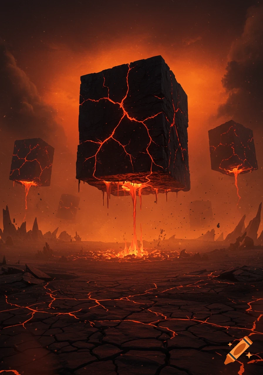 Dark, hellish landscape with floating cracked obsidian cubes leaking molten lava onto a cracked, fiery ground under an orange sky.