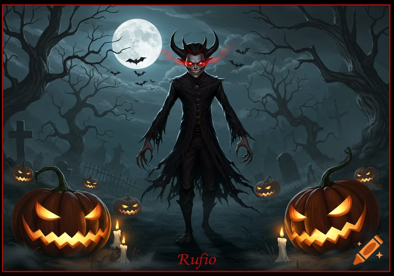 An illustration of a horned, red-eyed demon in a graveyard with glowing jack-o'-lanterns and bats under a full moon.