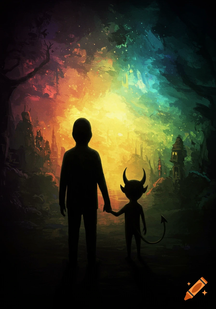 A silhouette of a person holding hands with a small devil creature, set against a vibrant, surreal, expressionistic landscape.