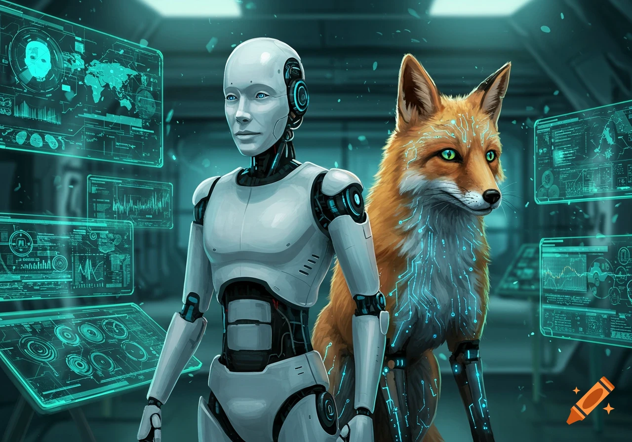 A white robot and a fox with glowing blue circuits stand in a futuristic room filled with holographic data screens.