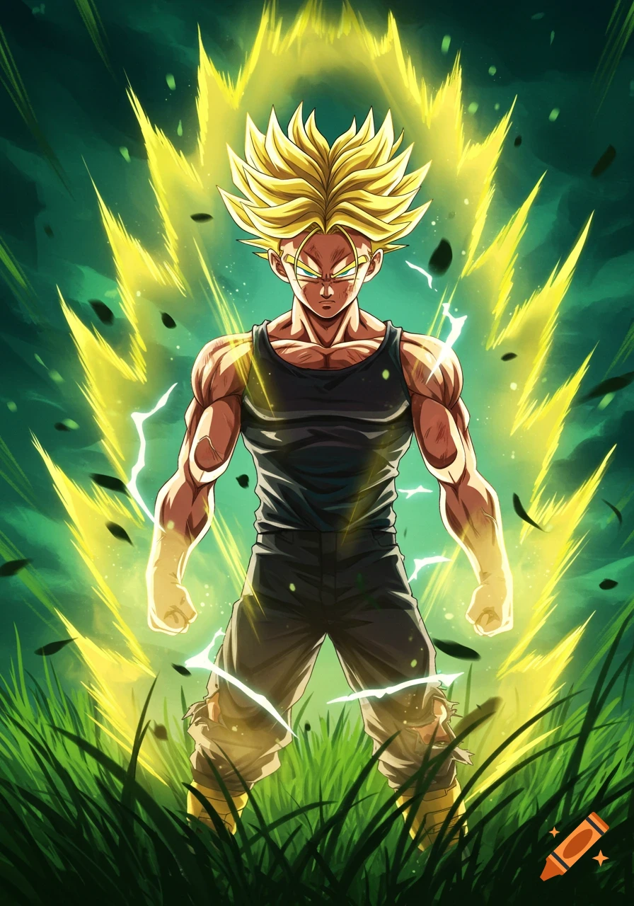 Anime style Future Trunks from Dragon Ball Z, transforming into Super Saiyan with a bright yellow aura and lightning in a green field.