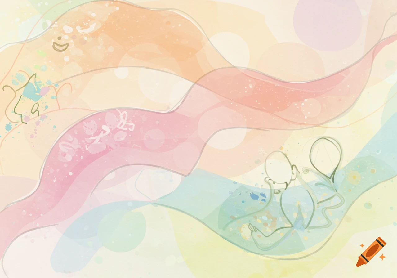 Abstract watercolor illustration with flowing pastel colors and delicate line drawings of undefined forms.