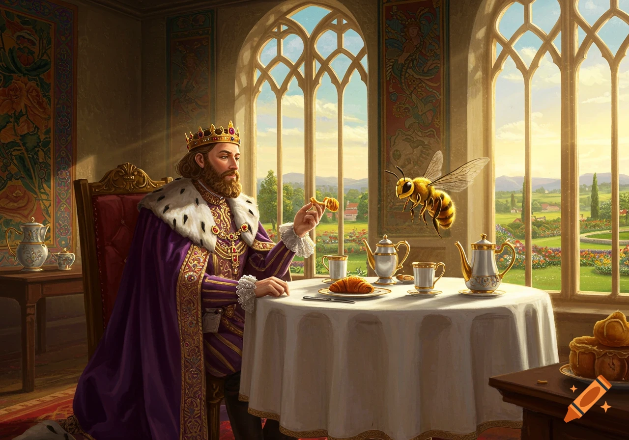 A richly dressed king in a purple robe and crown sits at a breakfast table, looking at a large bee flying towards him in a grand room with arched windows overlooking a sunny garden.
