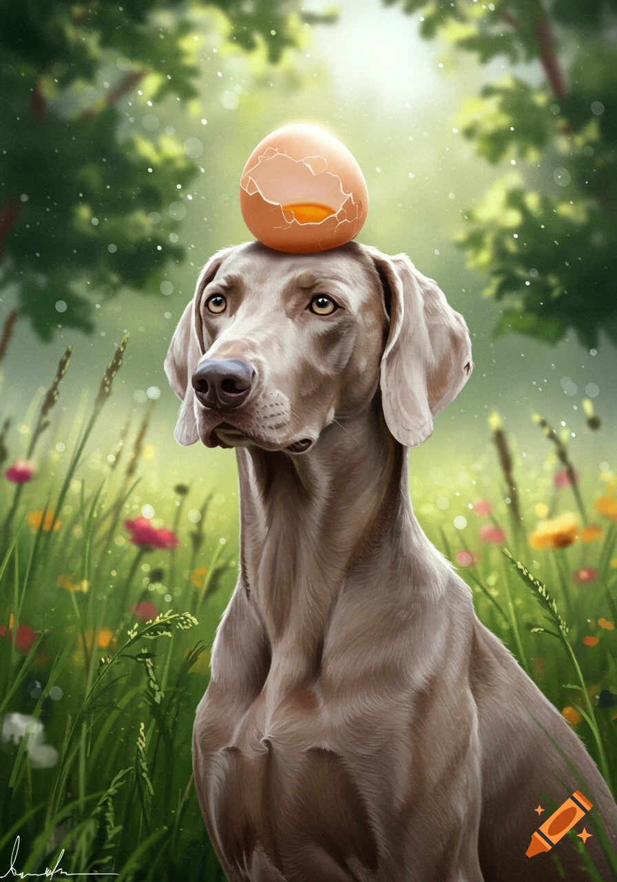 A brown Weimaraner dog sits in a sunny, grassy field with a cracked eggshell balanced on its head, in a painterly style.