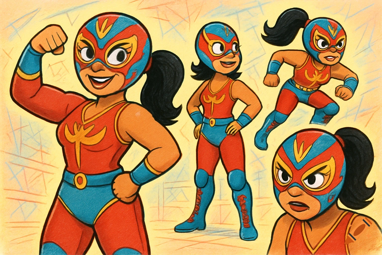Cartoon model sheet of a female luchador in a red and blue mask and uniform, shown in several poses.