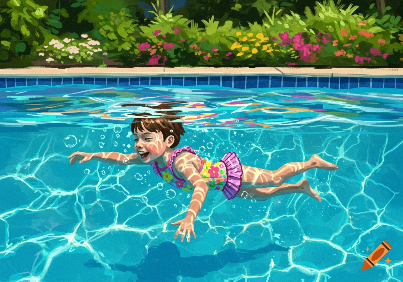 An illustration of a young child in a floral swimsuit swimming underwater in a bright blue pool, with water reflections on their skin.
