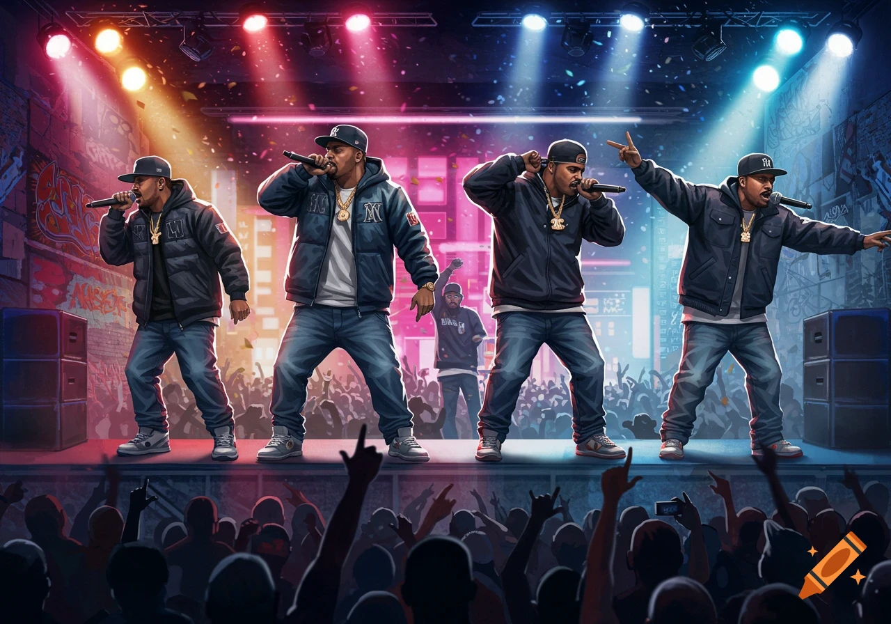 Four rappers perform on stage under colorful spotlights to a cheering crowd. Stylized illustration.