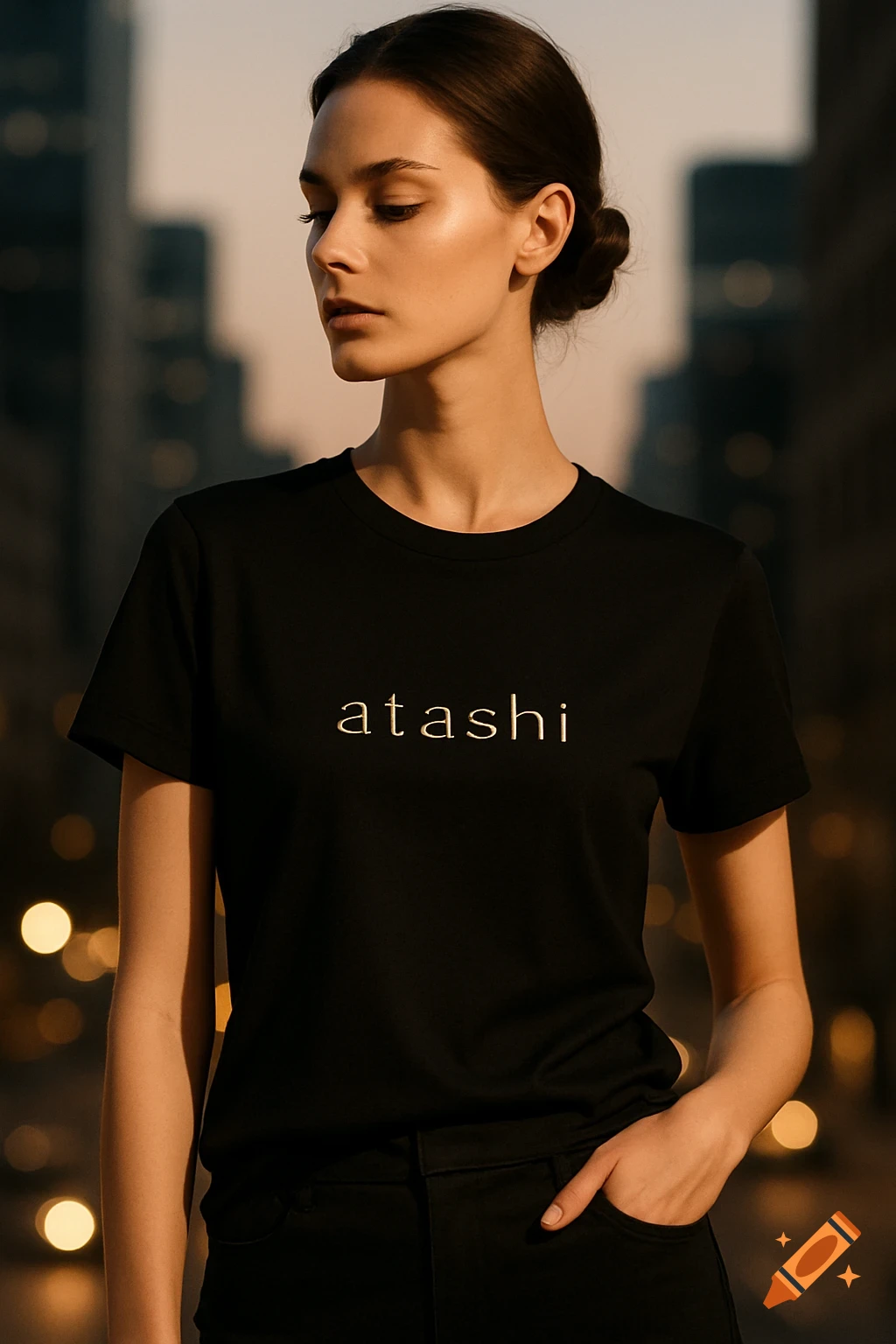A photorealistic portrait of a female fashion model in a black t-shirt with 'atashi' written on it, looking down.