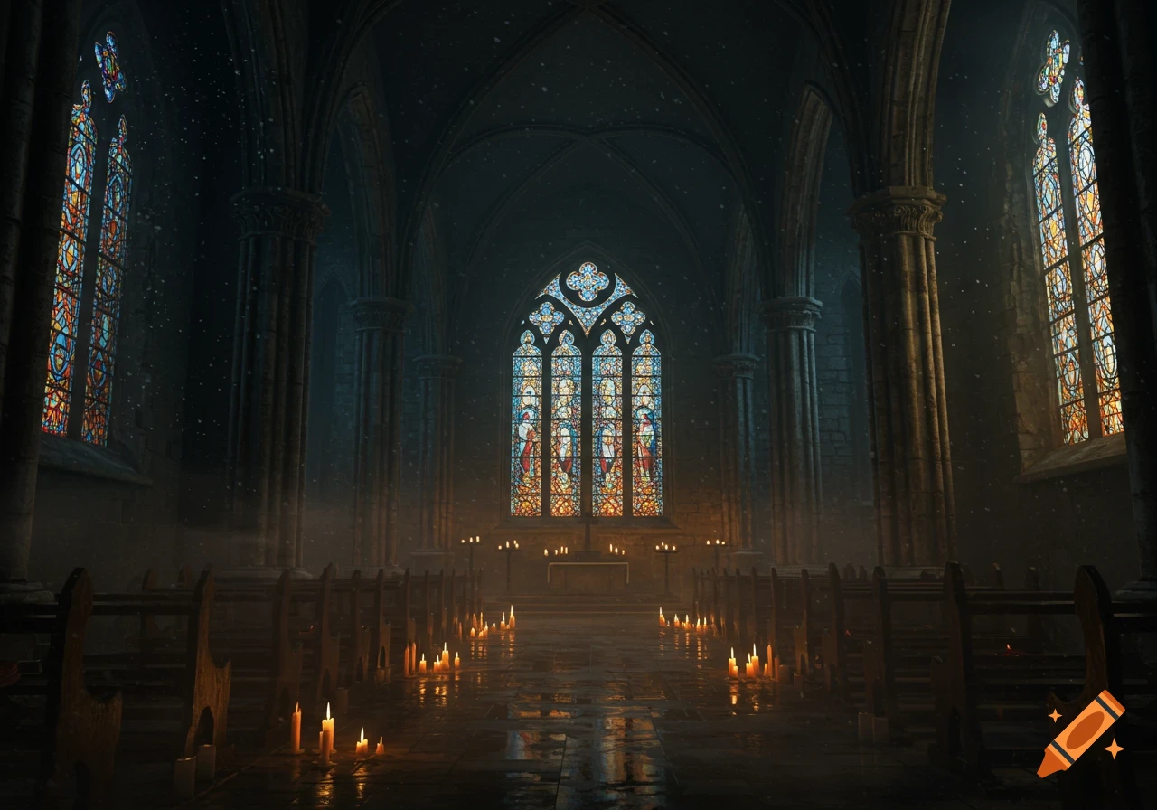 A dark, atmospheric gothic chapel interior illuminated by numerous flickering candles and ornate stained glass windows.
