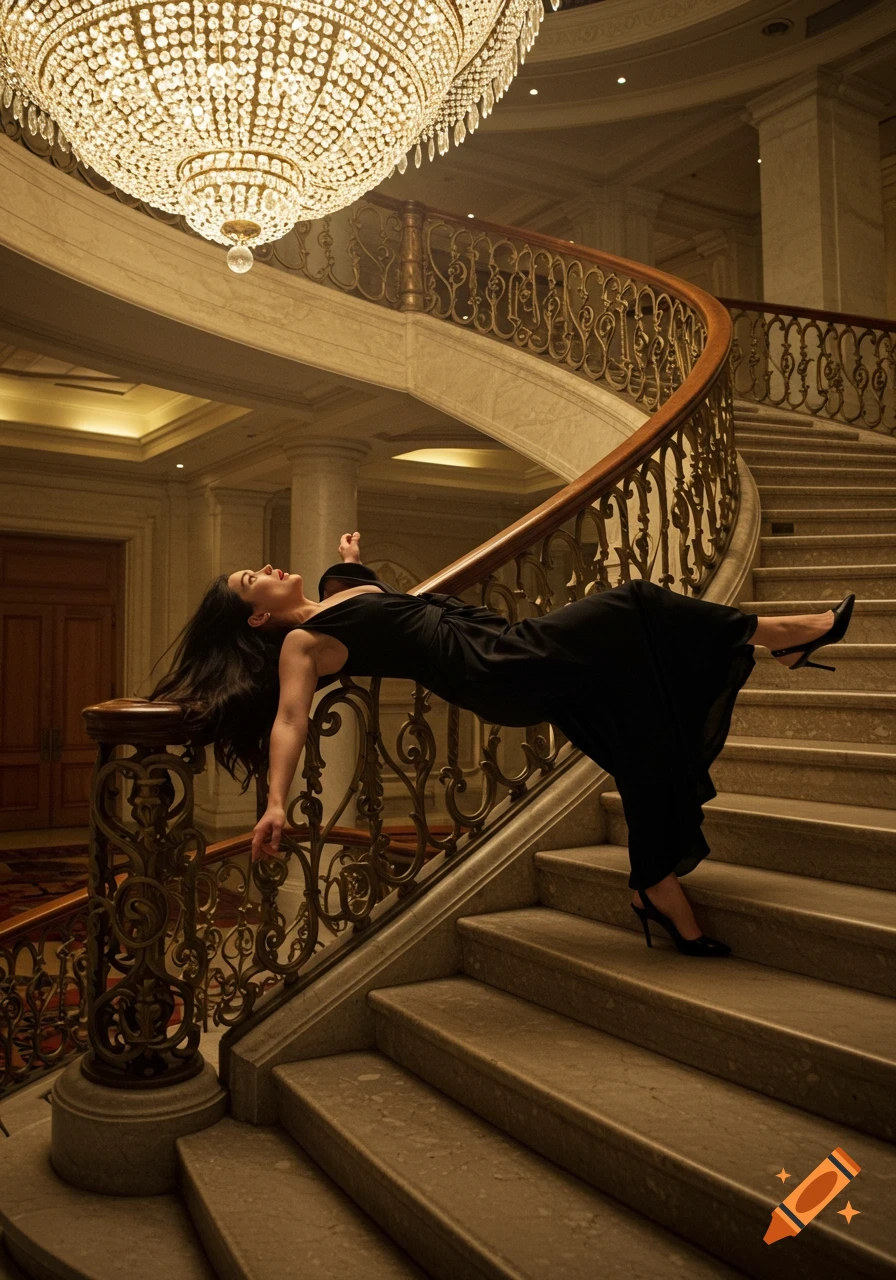 Photorealistic image of a woman in a black dress dramatically falling down a grand, ornate staircase with a crystal chandelier.